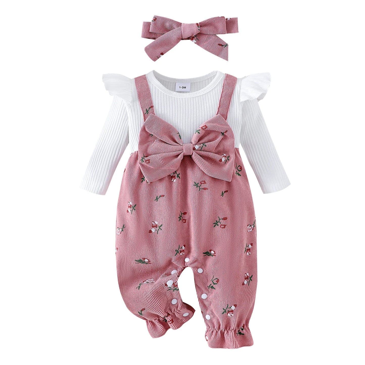 Citgeett Autumn Infant Baby Girls Long Sleeve Romper Floral Print Patchwork Bow Jumpsuits Cute Headband Clothes Set