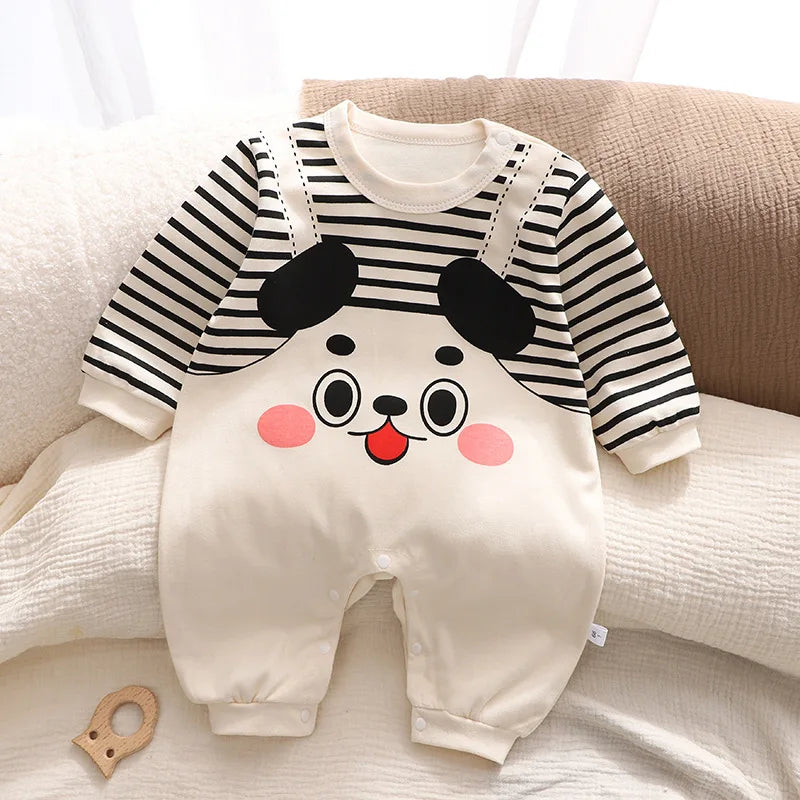 Autumn Newborn Boys Rompers Striped Bear Cartoon Print Infant Baby Boys Jumpsuits Long Sleeved Round Neck Baby Boys Bodysuits