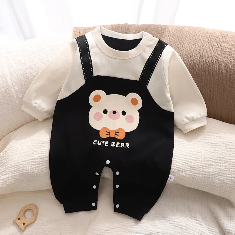 Autumn Newborn Boys Rompers Striped Bear Cartoon Print Infant Baby Boys Jumpsuits Long Sleeved Round Neck Baby Boys Bodysuits