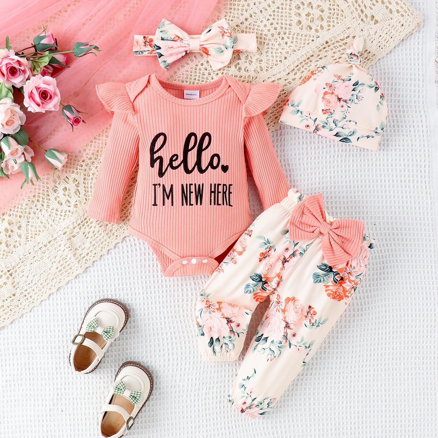 4PCS Autumn New Style Baby From 0 To 6 Months Casual Fashion, Multi-Color Pit Strip Letter Printed Hat Suit + Headscarf Hat