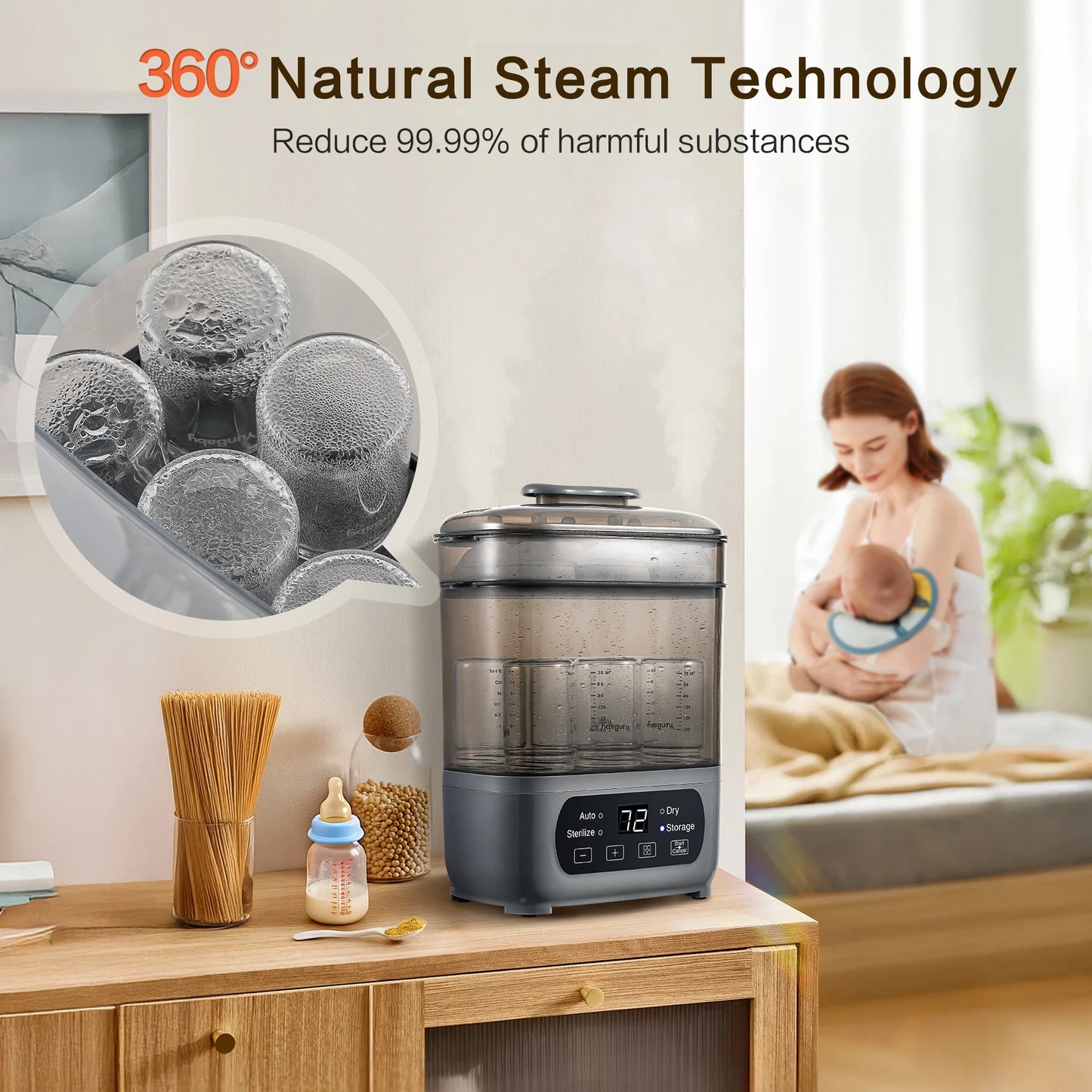 4-in-1 72H Storage, 30-Min Dry, 6 Bottles + Accessories,99.99% Germ-Free‌ Baby Bottle Sterilizer & Dryer