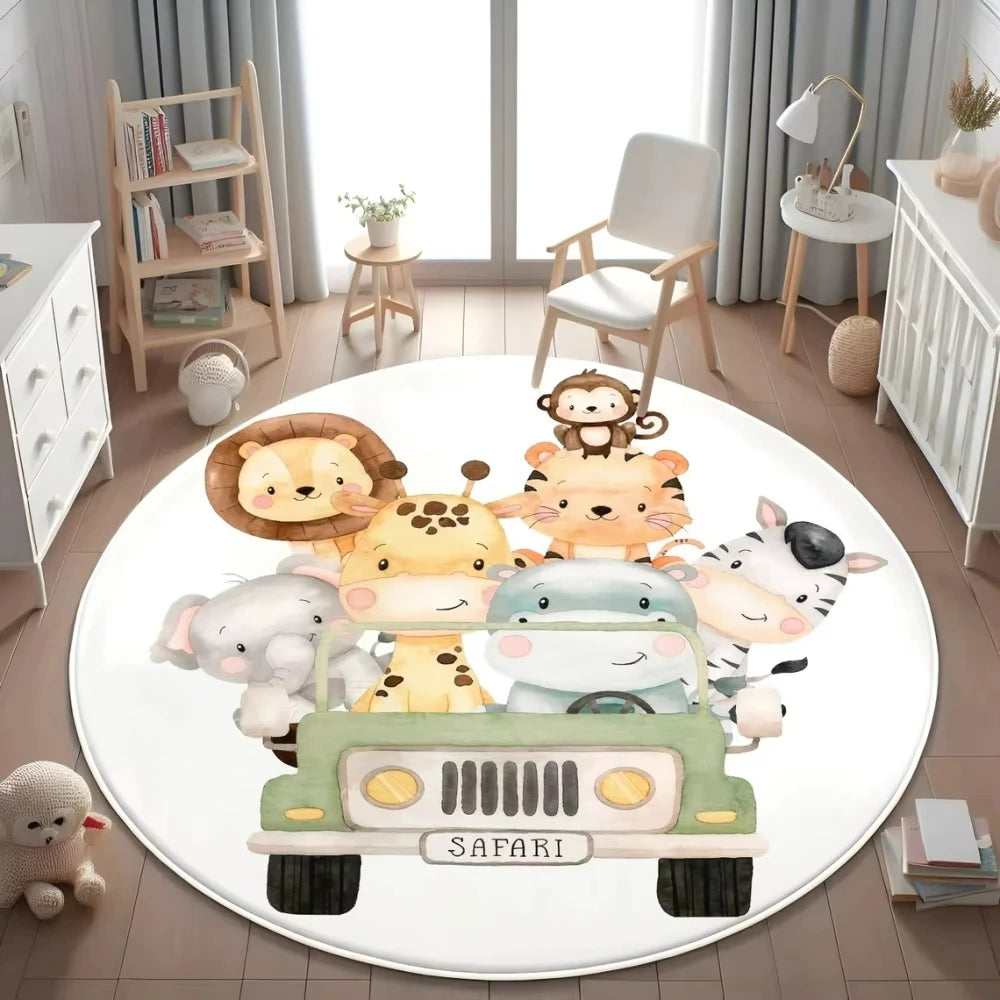 Jungle Safari Animal Round Rug Kids Play Mat for Nursery Bedroom Playroom Lion Giraffe Themed Non Slip Floor Carpet Decor
