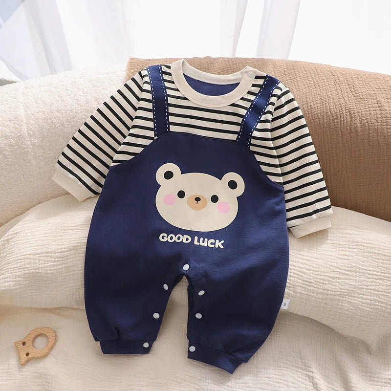 Autumn Newborn Boys Rompers Striped Bear Cartoon Print Infant Baby Boys Jumpsuits Long Sleeved Round Neck Baby Boys Bodysuits