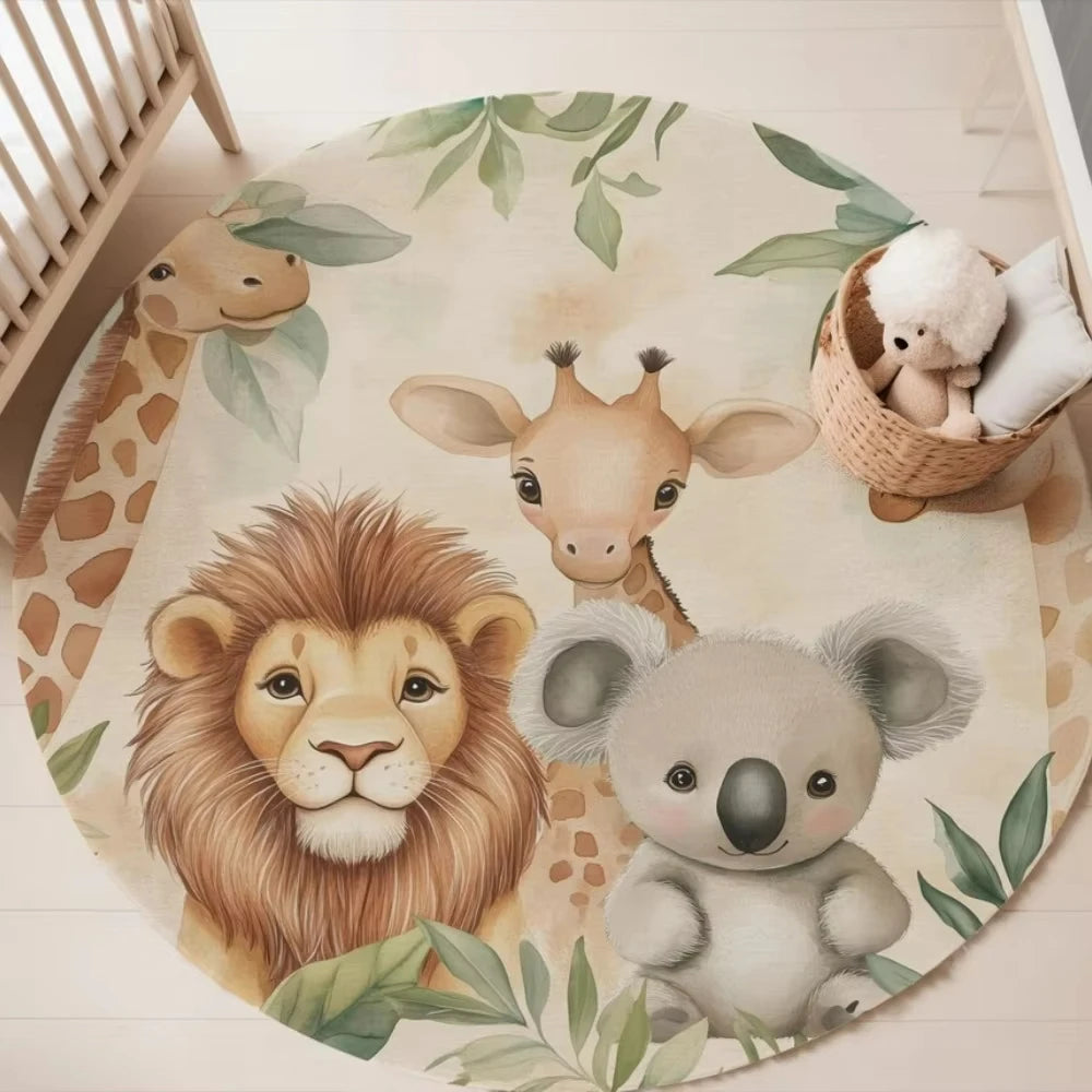 Jungle Safari Animal Round Rug Kids Play Mat for Nursery Bedroom Playroom Lion Giraffe Themed Non Slip Floor Carpet Decor